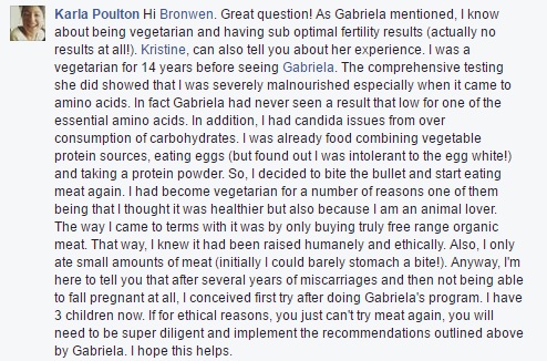 Karlas Facebook Testimonial About Changing Her Vegetarian Diet For Fertility Reasons